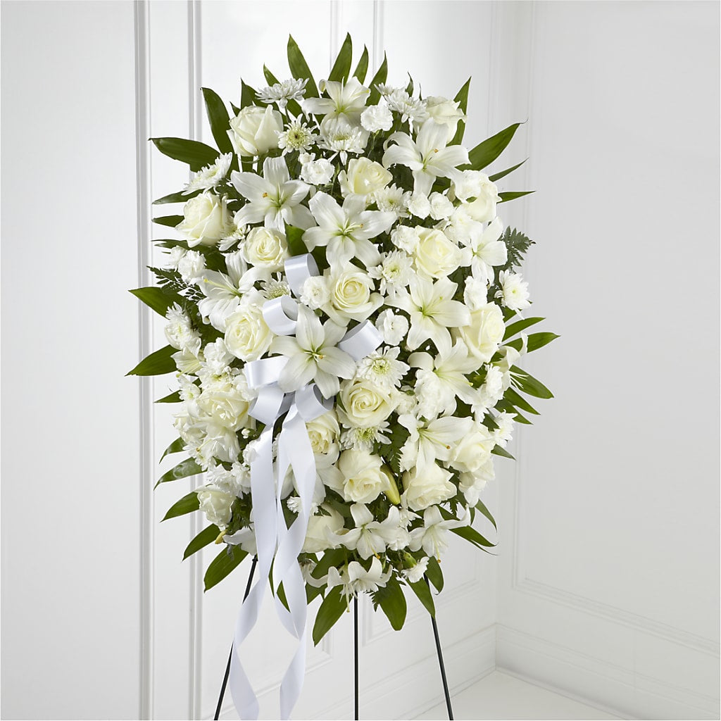 Exquisite Tribute Standing Spray-White Ribbon – The Total Event Li Inc, Bethpage NY